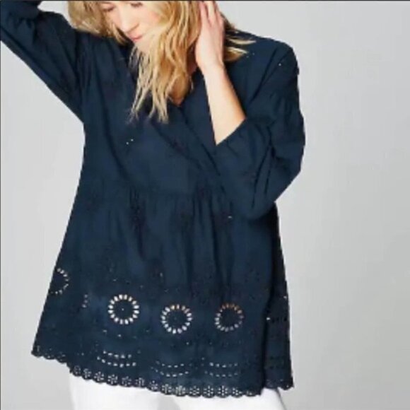 J. Jill Womens Blouse Dark Blue Oversized Pull On Eyelet Embroidered V-Neck X-Sm - Picture 1 of 11